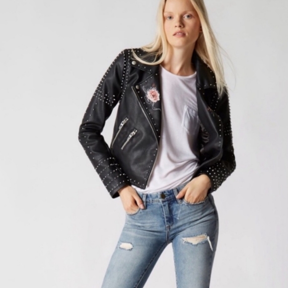 BlankNYC Black Vegan Leather Floral Studded Spiked Moto Jacket - Picture 2 of 10